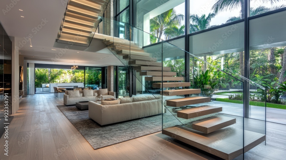 Obraz premium Floating staircase with glass railings, creating an open and airy feel in the contemporary home