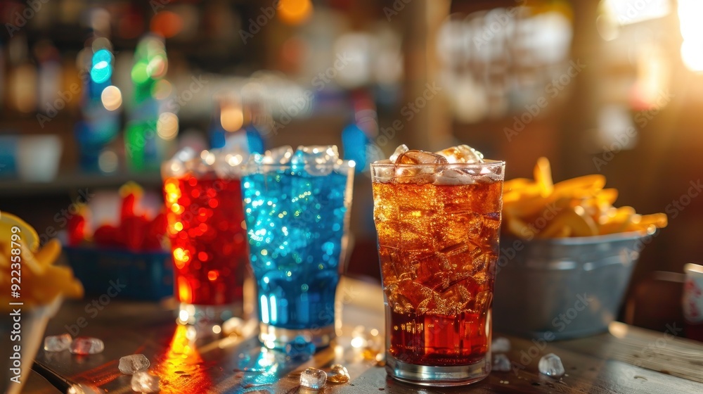  A table with red, yellow, and blue drinks and snacks 