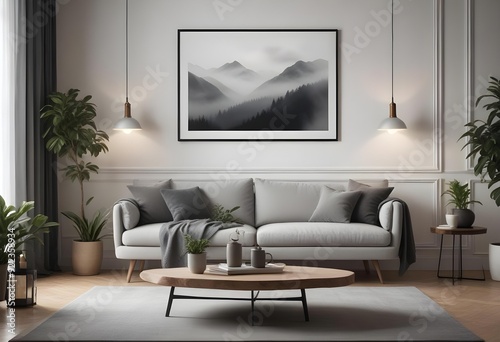  The living room features a gray sofa, a wooden coffee table