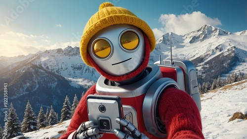 A cheerful robot captures a winter selfie in the snowy mountains under bright blue skies