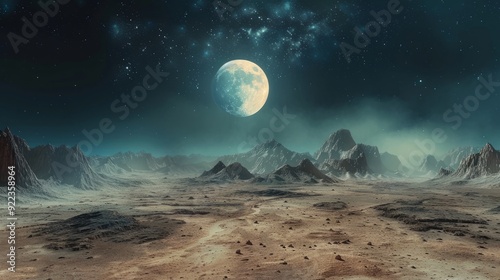 Vast alien landscape under a glowing moon with rugged mountains in the distance