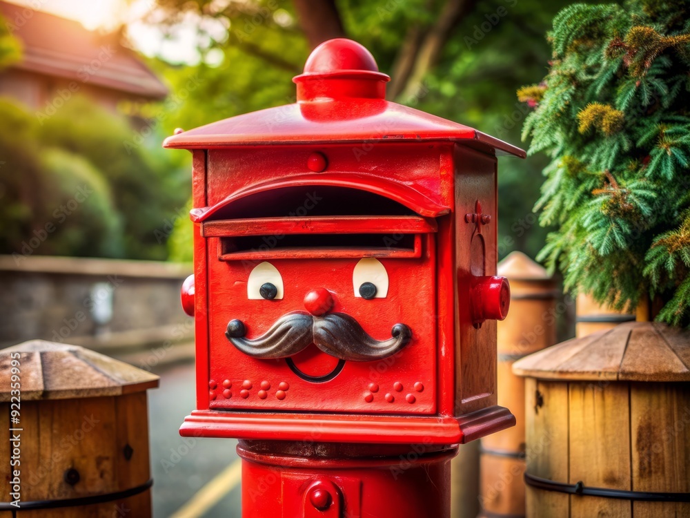 A bright red, ornate postbox adorned with a smiling face, sporting a hat and mustache, stands alone, eagerly awaiting mail in a quaint, rustic setting. A bright red, ornate postbox adorned with a smiling face, sporting a hat and mustache, stands alone, eagerly awaiting mail in a quaint, rustic setting.
