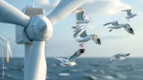 A close-up of an offshore wind turbine blade with seagulls flying around photo