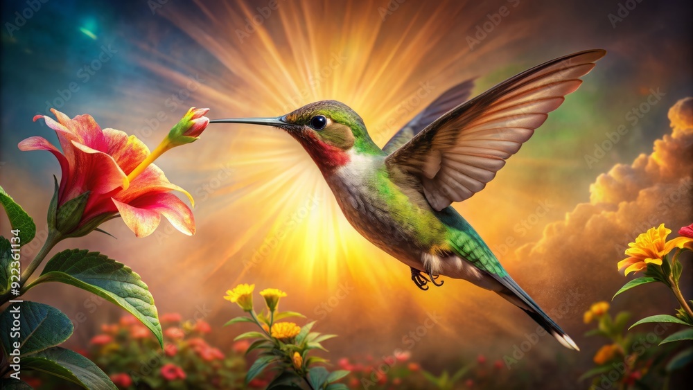 Fototapeta premium Vibrant hummingbird sips nectar from a lush, exotic flower, set against a stunning diamond plate-textured background, as warm sunrise hues illuminate the tropical beauty.