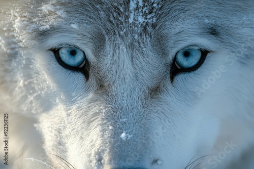 majestic arctic portrait intense closeup of white wolfs face piercing blue eyes reflect icy landscape frosttipped fur catches glints of winter sunlight photo