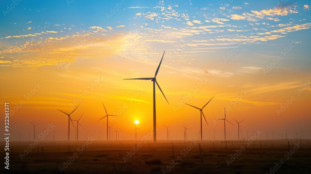 Obraz premium A wind turbine farm at dawn with the sun rising behind the turbines