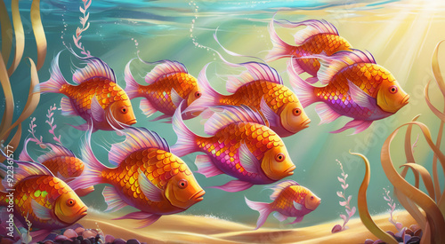 fantasy illustration of a set of flaming sea fish, ai generated