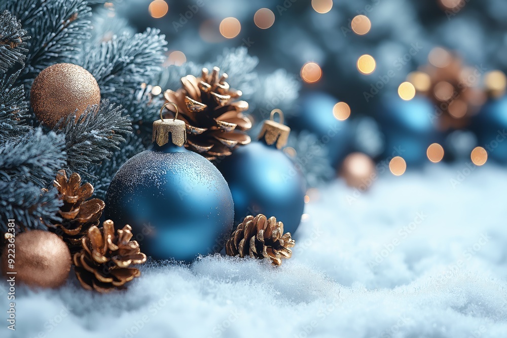A vibrant New Year greeting card design showcases decorative ornaments and pine cones nestled in snow with a blurred bokeh background.