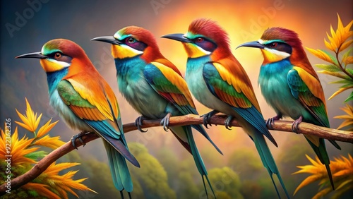 Exquisite vignette captures five melodious birds perched on a branch, their vibrant plumage and intricate feathers showcased in stunning 16k high-detail Dadaist-inspired imagery. photo