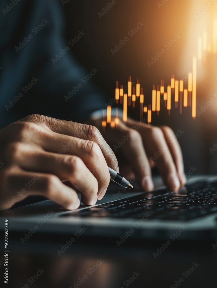 Fototapeta premium A professional analyzing financial data on a laptop, showcasing market trends with upward graphs for investment insights.