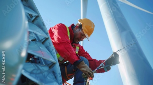 A wind turbine worker performing maintenance on a turbine blade photo