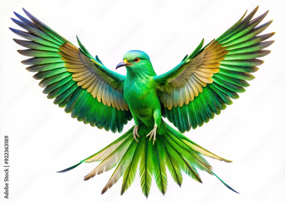 Fototapeta premium Vibrant green kite bird spreads wings, showcasing iridescent feathers, as it dynamically soars high against a crisp, pristine white background, evoking freedom and joy.