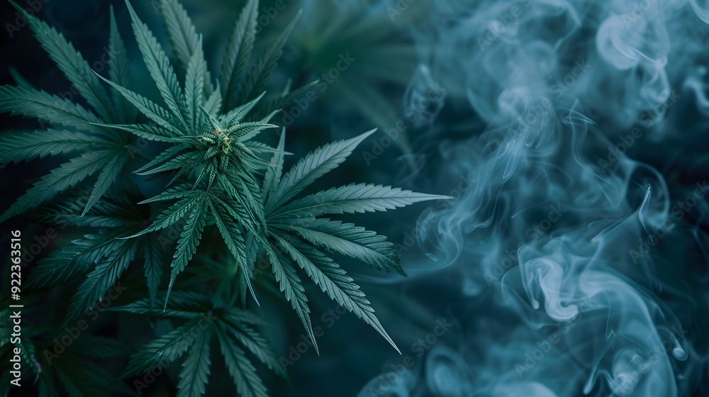 Marijuana leaves on a smoke background, close up top view on cannabis leaves and branches on smoke background for alternative medical and marketing design concept