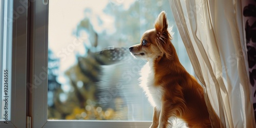 Fototapeta Naklejka Na Ścianę i Meble -  This is a small chihuahua dog sitting on an indoor window sill, observing the outside view. The pet appears attentive and curious.
