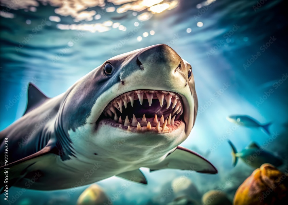 Naklejka premium Close-up portrait of aggressive shark's mouth and sharp teeth, with a subtle aquarium background, natural lighting, and ample copy space for text or captions.