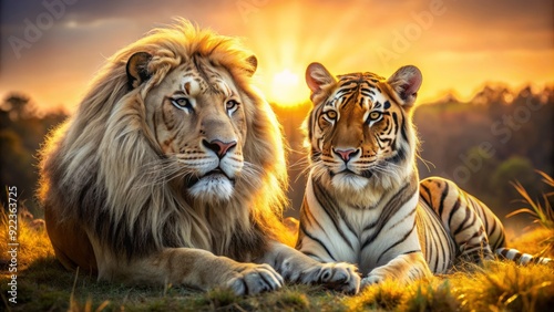 Majestic tiger and lion sit together on a sunny savannah, their fur glistening, eyes locked in a tender gaze, exuding warmth and loyalty in their friendship. photo