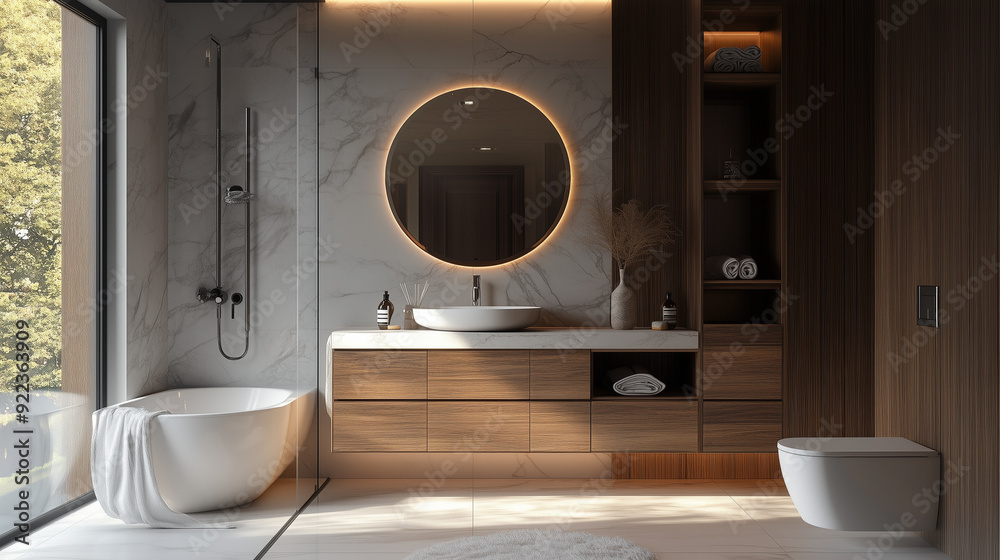 Fototapeta premium A sophisticated bathroom with a marble vanity and wooden storage units , interior design