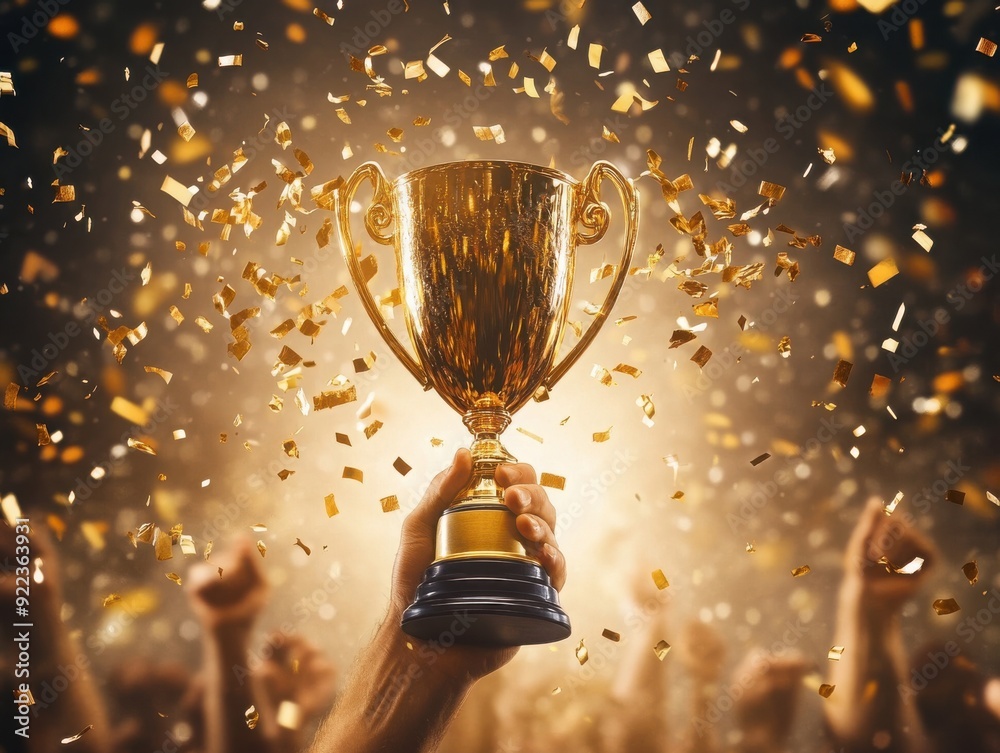 A hand proudly holds a golden trophy amidst a celebratory atmosphere with golden confetti and cheering crowds. A hand proudly holds a golden trophy amidst a celebratory atmosphere with golden confetti and cheering crowds.