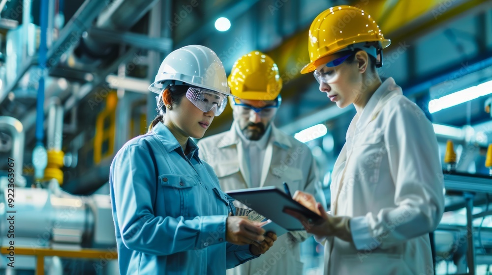 Engineers examining big data analytics on tablet in high-tech manufacturing environment Engineers examining big data analytics on tablet in high-tech manufacturing environment