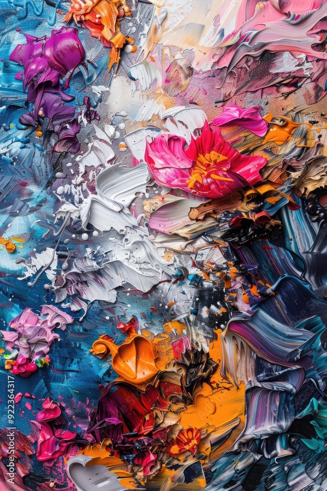 Fototapeta premium Vibrant splashes of pink, orange and blue paint create a dynamic, modern wall art piece.