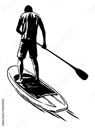 Hand drawn monochrome illustration of a stand up paddle boarder.