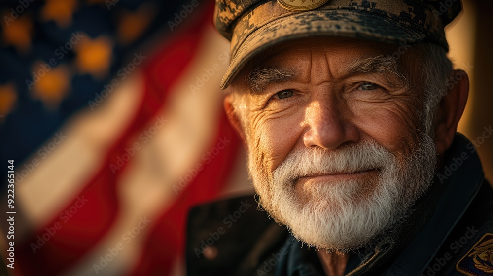 Portrait of veteran soldier with united states flag background. Patriot Day and memory concept Portrait of veteran soldier with united states flag background. Patriot Day and memory concept