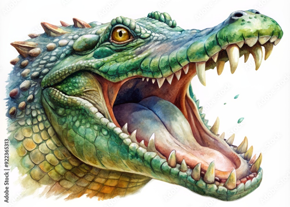 Fototapeta premium Vibrant watercolor illustration of a ferocious crocodile with its mouth wide open, showcasing sharp teeth, scaly skin, and a menacing gaze.