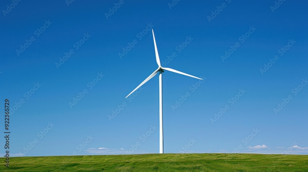 Imposing wind turbine captured from a low angle, emphasizing its size against the horizon Imposing wind turbine captured from a low angle, emphasizing its size against the horizon