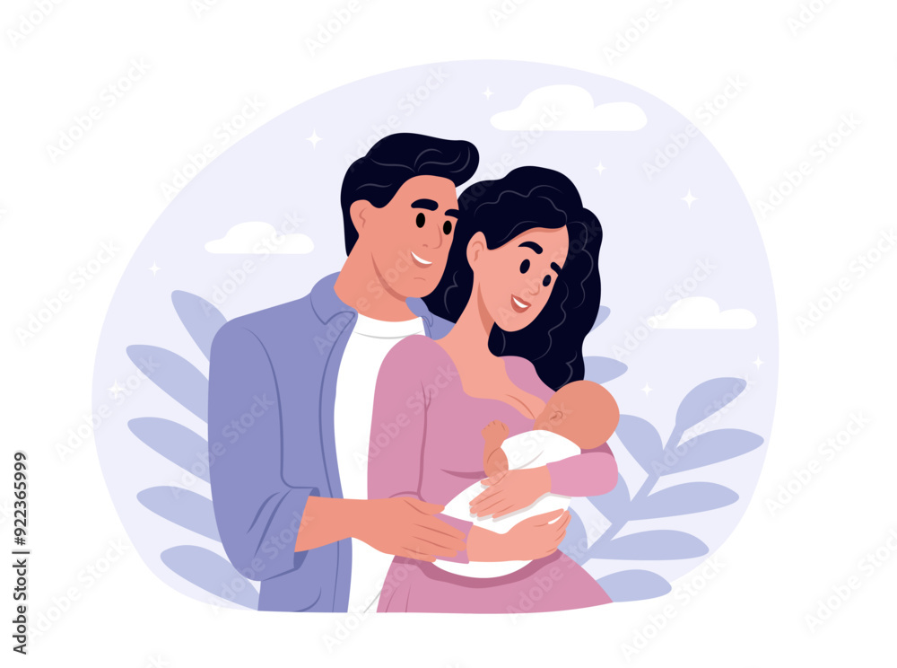 Obraz premium Mom, dad and baby. Happy mother, father and adopted child. Family and parenthood concept. Flat vector illustration isolated on white background