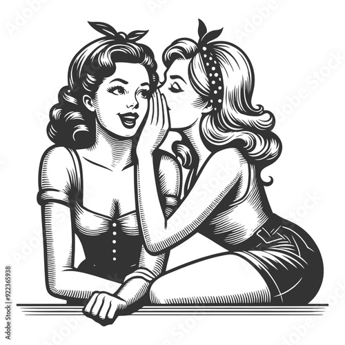 pin-up girls, one whispering a secret into the other ear, with expressive faces sketch engraving generative ai fictional character vector illustration. Scratch board imitation. Black and white image