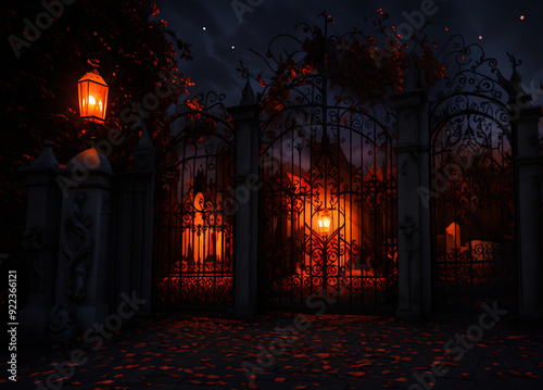 Haunted Gothic Cemetery Entrance with Ornate Iron Gates, Glowing Jack-o'-Lanterns, Flying Bats, and Ominous Full Moon on a Dark Halloween Night Spooky Scene photo