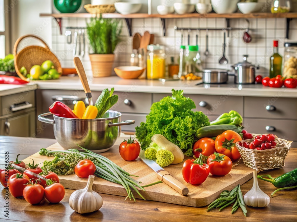Fresh vegetables and utensils scattered on a clean kitchen counter, awaiting culinary creation, surrounded by empty space, evoking a sense of friendship and cooking camaraderie. Fresh vegetables and utensils scattered on a clean kitchen counter, awaiting culinary creation, surrounded by empty space, evoking a sense of friendship and cooking camaraderie.