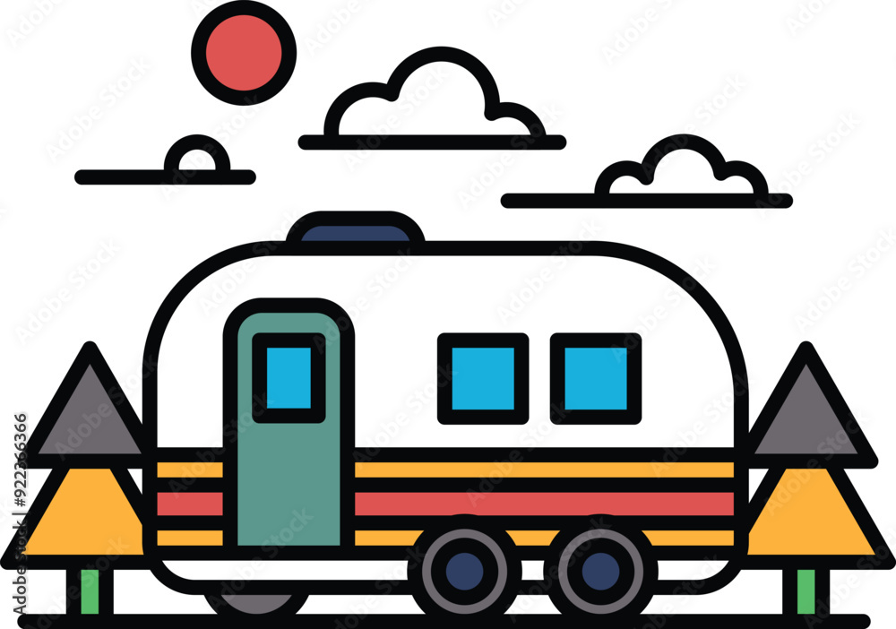 A black and white drawing of a camper van parked in front of a forest. Scene is peaceful and serene, as the camper van is surrounded by trees and the sky is clear A black and white drawing of a camper van parked in front of a forest. Scene is peaceful and serene, as the camper van is surrounded by trees and the sky is clear