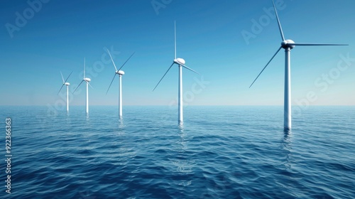 Massive wind turbine with rotating blades in ocean