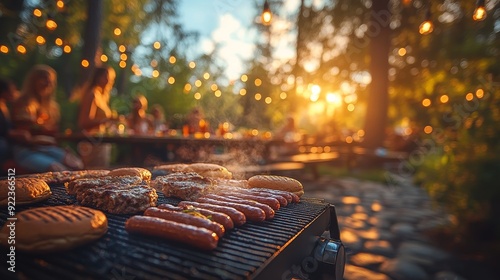 A vibrant scene of friends enjoying a sunset barbecue with burgers and hot dogs grilling on a BBQ, with festive lights hanging in the background.