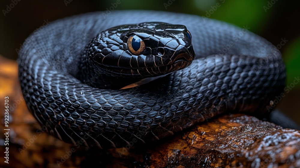 Fototapeta premium Black snake coiled on branch staring with yellow eyes