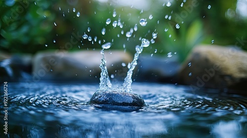 A close-up of a water splash as a pebble hits the surface of a pond.