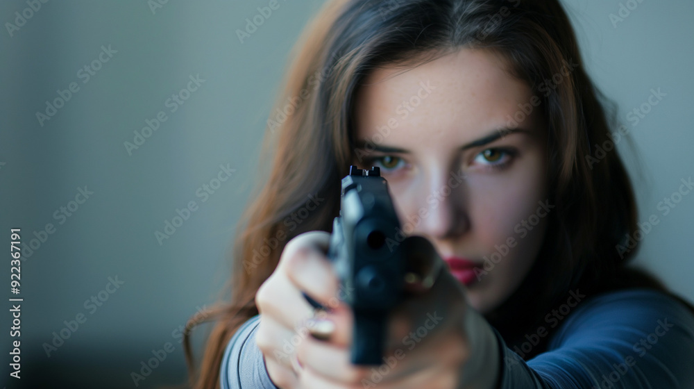 Young woman aiming a handgun directly at viewer in an indoor setting. Young woman aiming a handgun directly at viewer in an indoor setting.