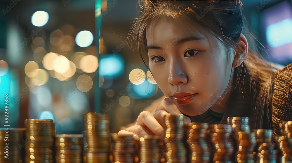 A young woman with long brown hair leans forward, looking intently at a stack of coins. The background is blurred with golden lights. A young woman with long brown hair leans forward, looking intently at a stack of coins. The background is blurred with golden lights.