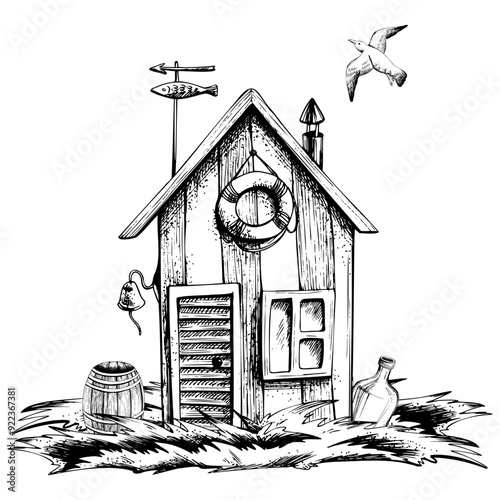 Fishing cabin, house, hut with wooden barrel and bottle of rum on grass, on the shore and flying seagull. Graphic line art hand drawn in black and white monochrome. Marine composition.