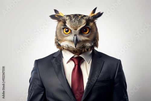 Stylish owl in a fitted suit and tie perches confidently on a plain white background, leaving ample space for text on the right side of the frame. photo