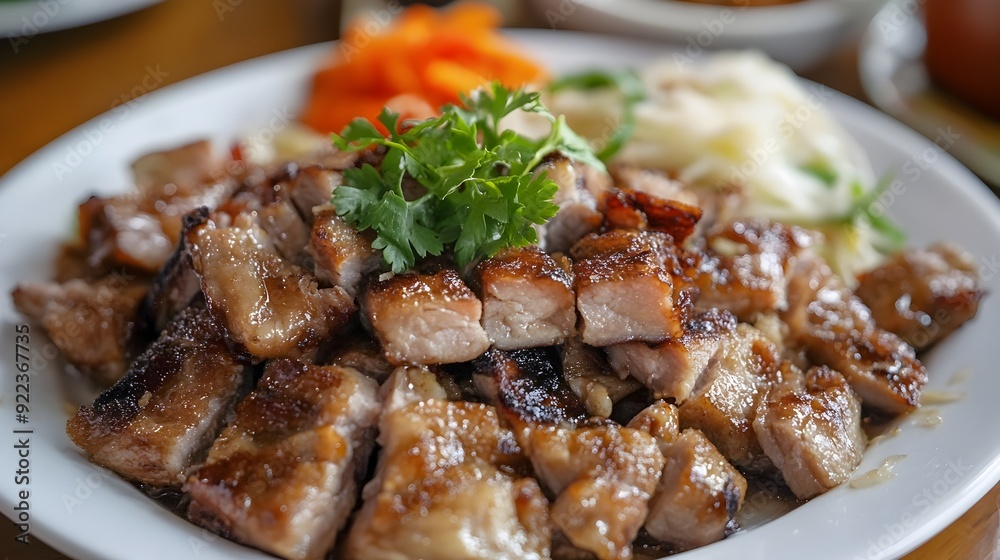 Delicious Oriental Pork Dish With Vegetables Garnished on Plate Delicious Oriental Pork Dish With Vegetables Garnished on Plate
