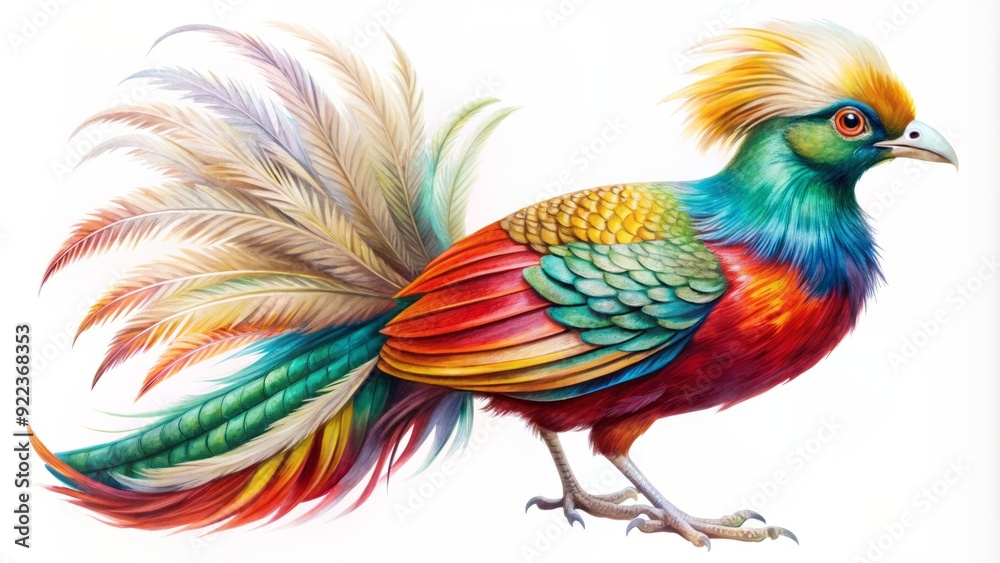 Obraz premium Vibrant, intricately detailed, ultra-realistic watercolor illustration of a stunning paradise bird, isolated on white, showcasing its mesmerizing plumage and majestic beauty.