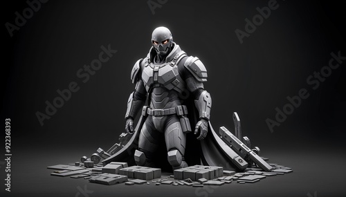 A 3D character wearing a futuristic, armored suit with various weapons
