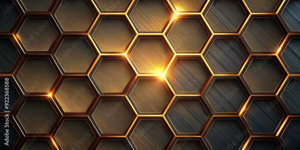 Luxurious golden hexagonal pattern on dark metallic background with bright 3D lines, elegant abstract design, and subtle light texture, perfect for luxury and wedding themes. Luxurious golden hexagonal pattern on dark metallic background with bright 3D lines, elegant abstract design, and subtle light texture, perfect for luxury and wedding themes.