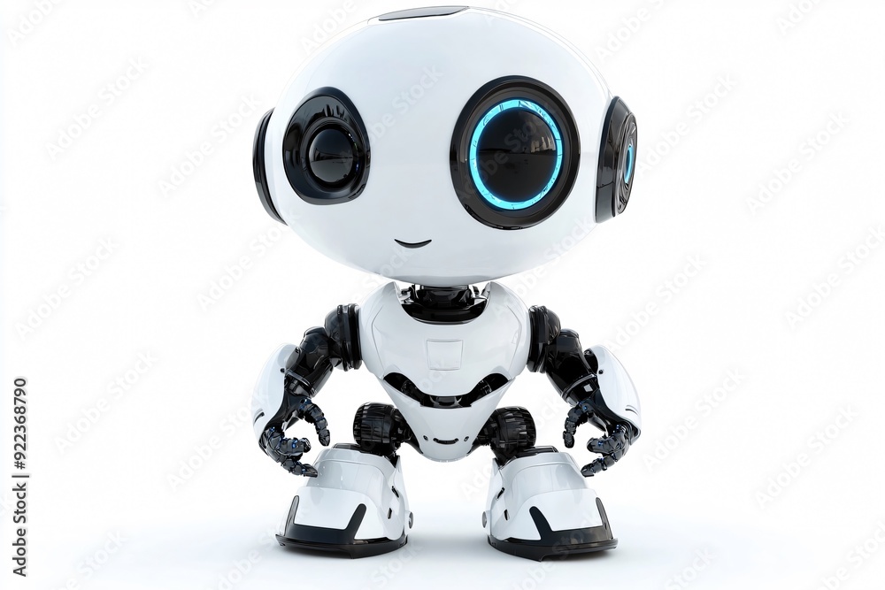 White modern toy-like robot standing on white background White modern toy-like robot standing on white background