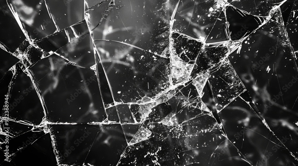 Shattered glass with intricate cracks illuminated by soft light