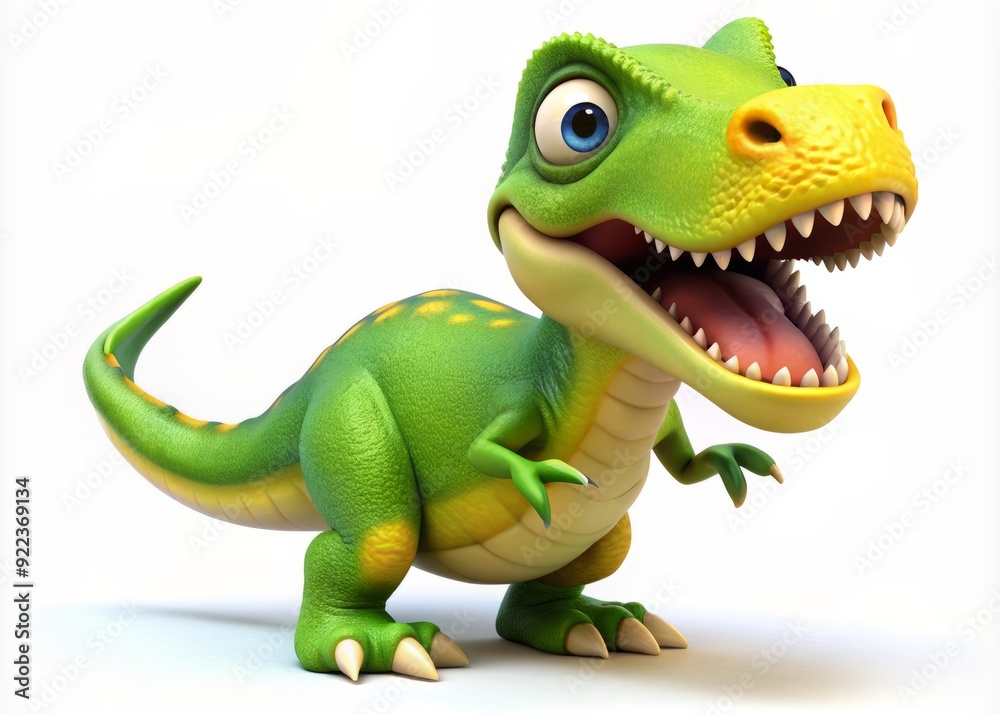 Fototapeta premium Colorful, friendly, prehistoric cartoon dinosaur with bright green skin and yellow belly, wide open mouth, and curious expression, set against a white background.