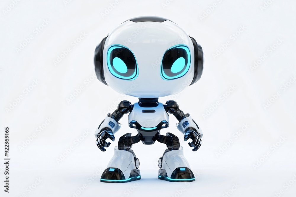 White and black toy robot with blue glowing eyes standing on a white background White and black toy robot with blue glowing eyes standing on a white background