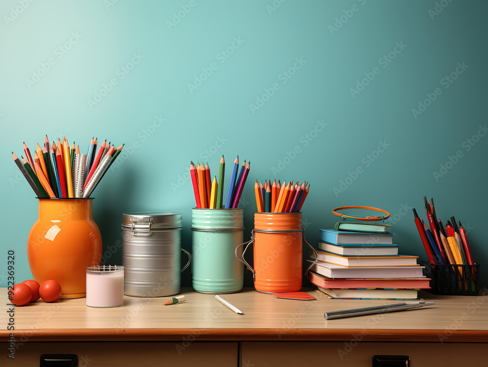Fototapeta premium Excellent Cup with colourful stationery near glasses and apple on table
